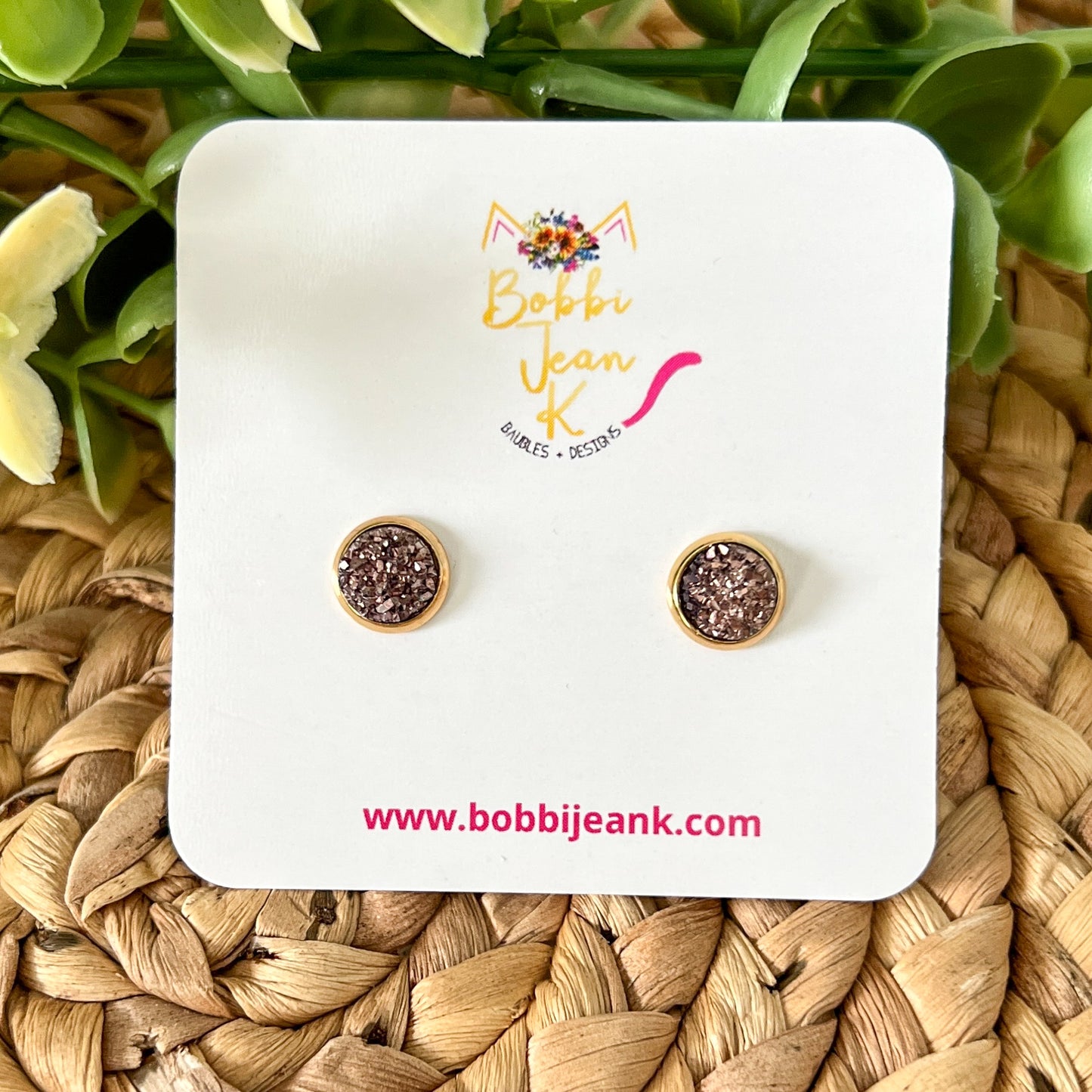 Copper Faux Druzy Studs 8mm: Choose Silver or Gold Settings