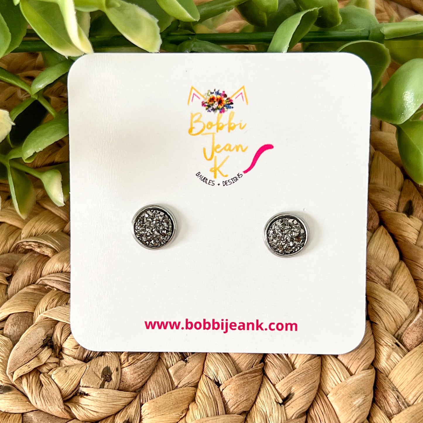 Charcoal Gray Faux Druzy Studs 8mm: Choose Silver or Gold Settings