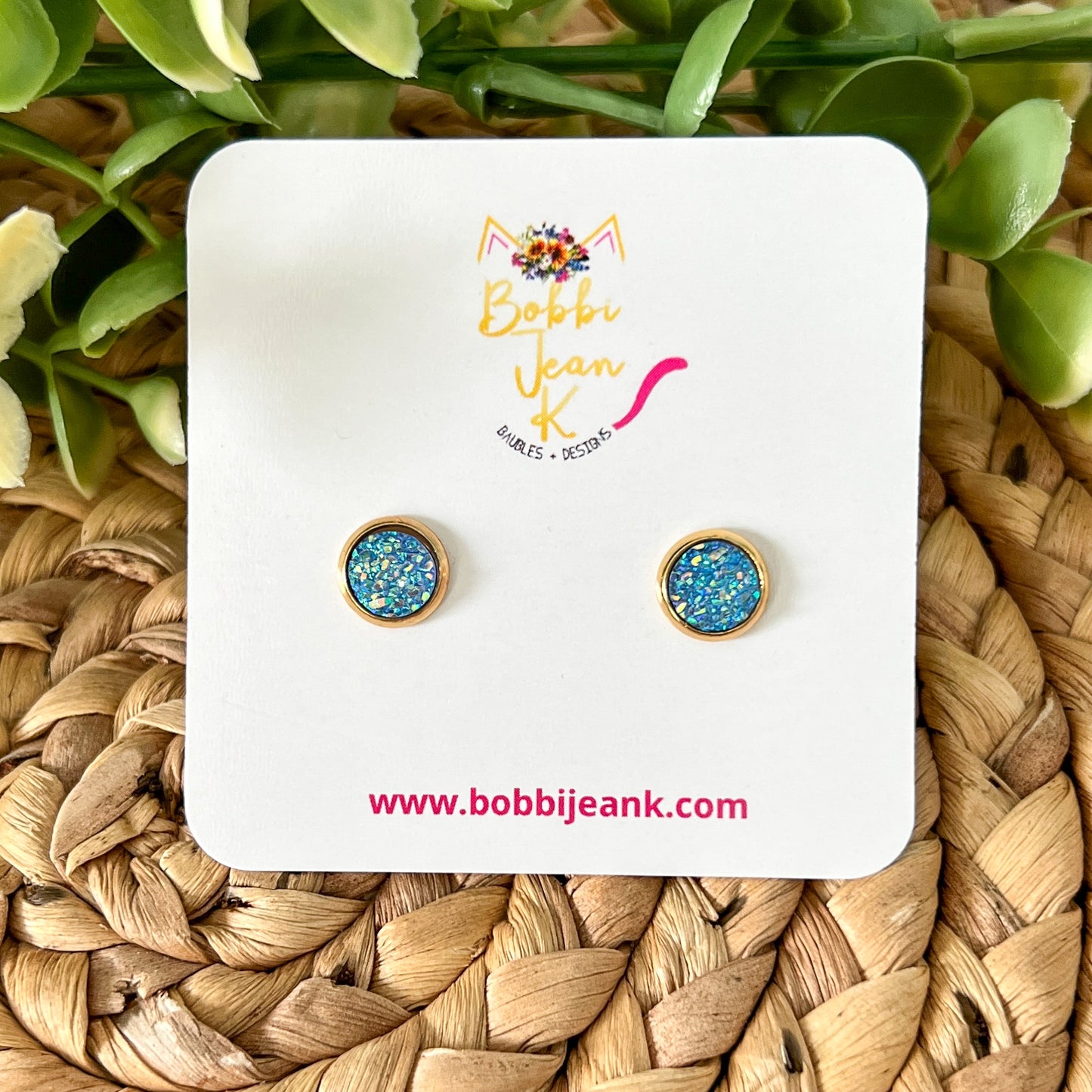 Blue Faux Druzy Studs 8mm: Choose Silver or Gold Settings