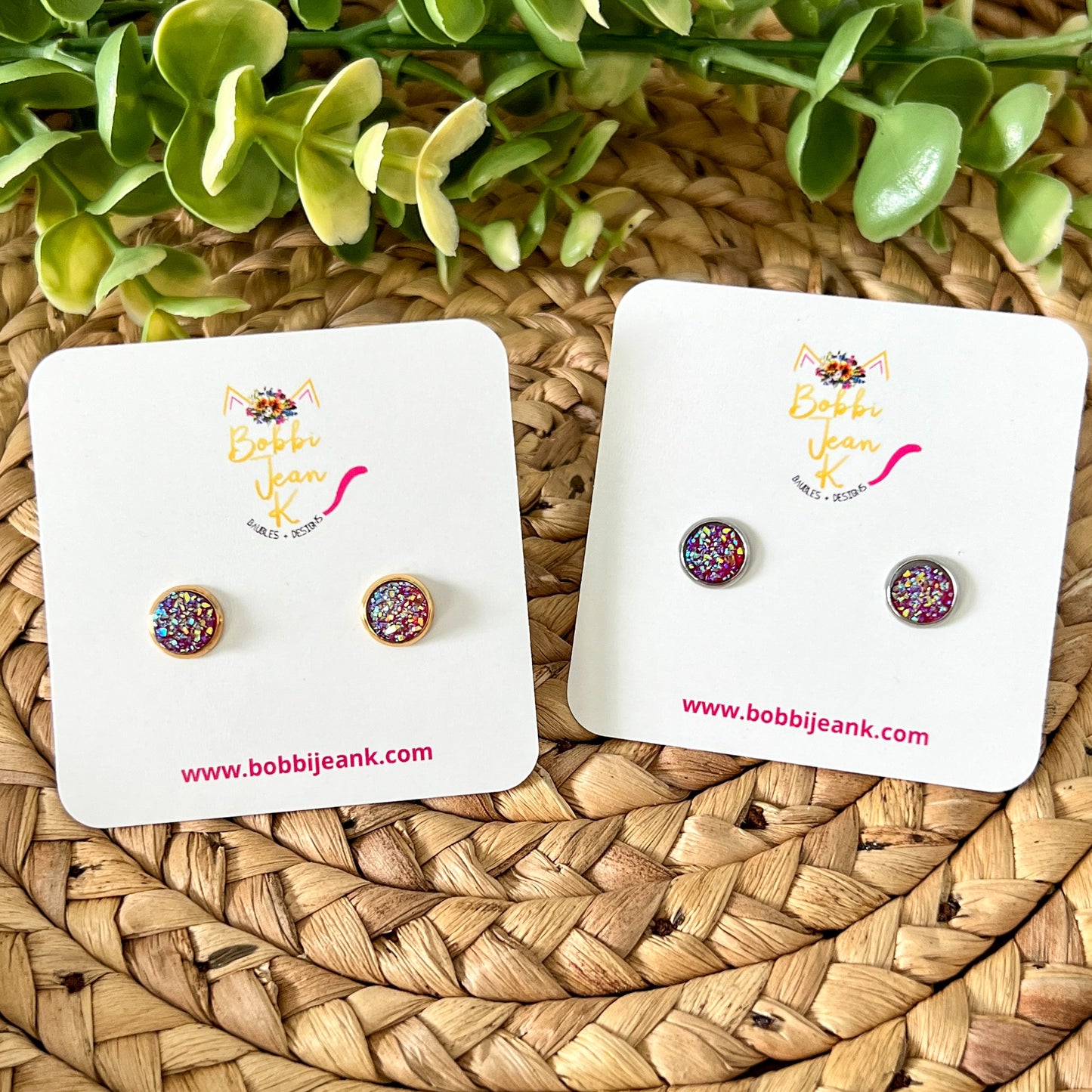 Magenta Faux Druzy Studs 8mm: Choose Silver or Gold Settings