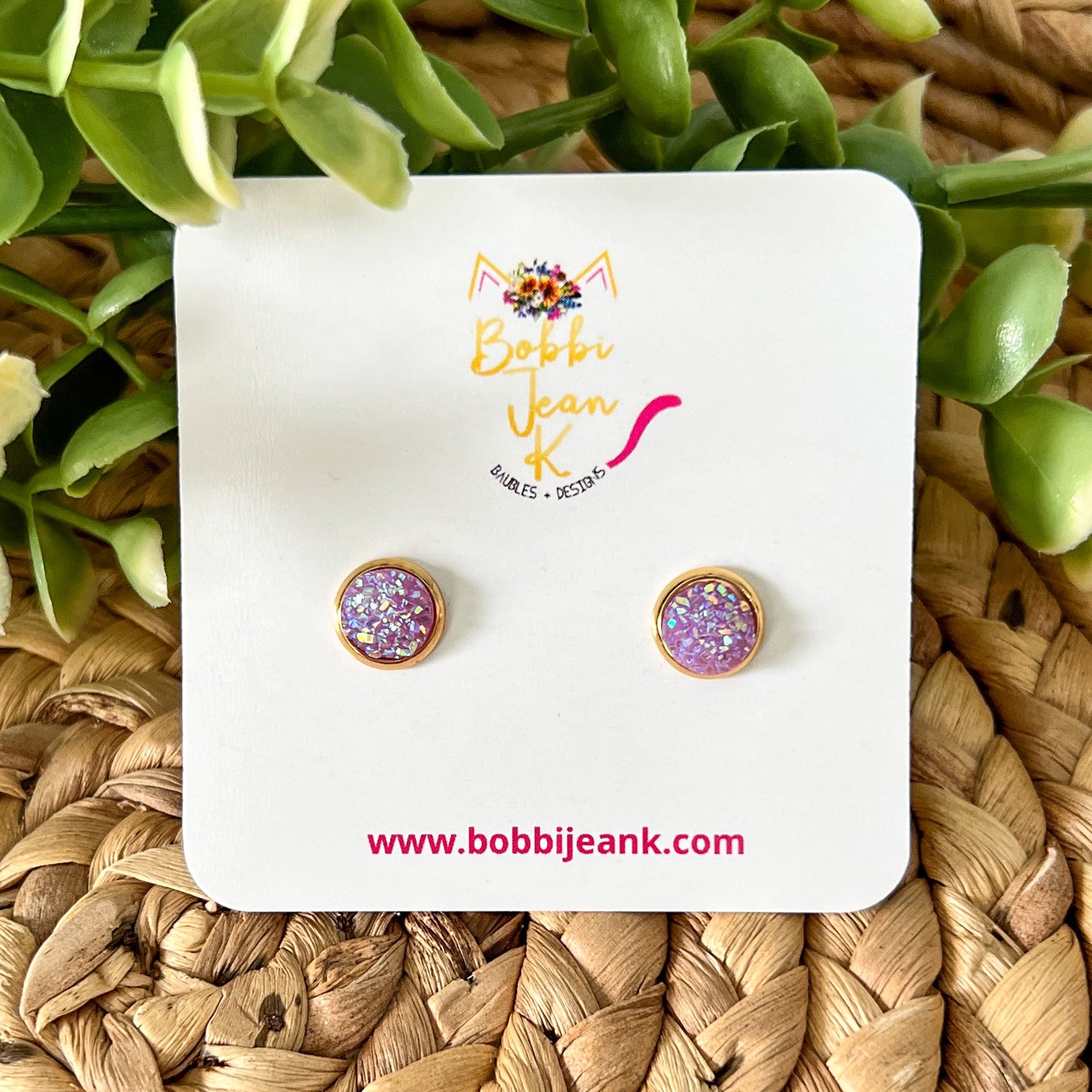 Lavender Frosted Sparkle Druzy Studs 8mm: Choose Silver or Gold Settings
