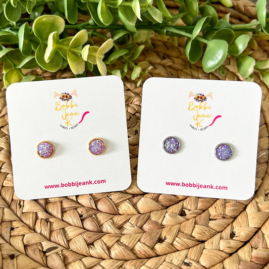 Lavender Frosted Sparkle Druzy Studs 8mm: Choose Silver or Gold Settings
