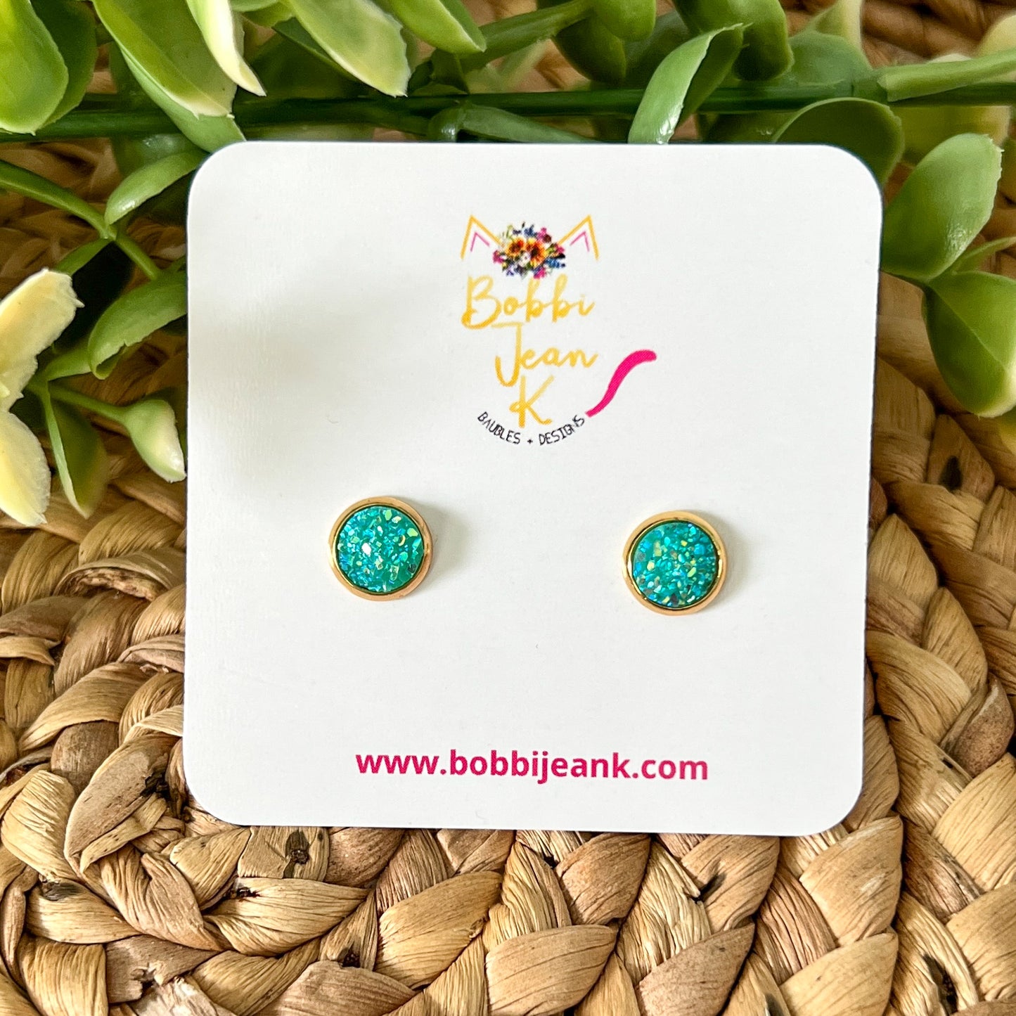 Aqua Frosted Sparkle Faux Druzy Studs 8mm: Choose Silver or Gold Settings