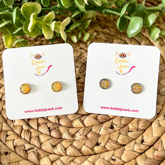 Yellowed Tangerine Faux Druzy Studs 8mm: Choose Silver or Gold Settings
