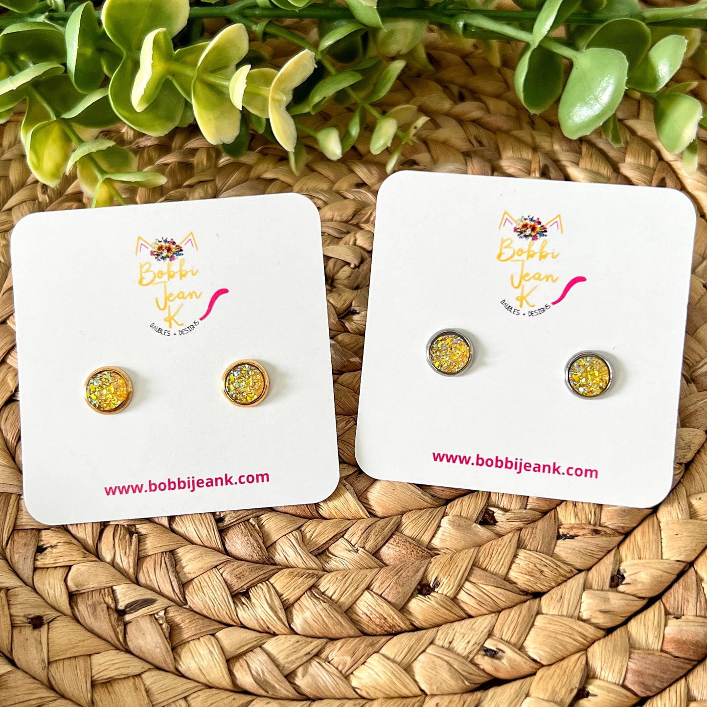 Yellow Faux Druzy Studs 8mm: Choose Silver or Gold Settings