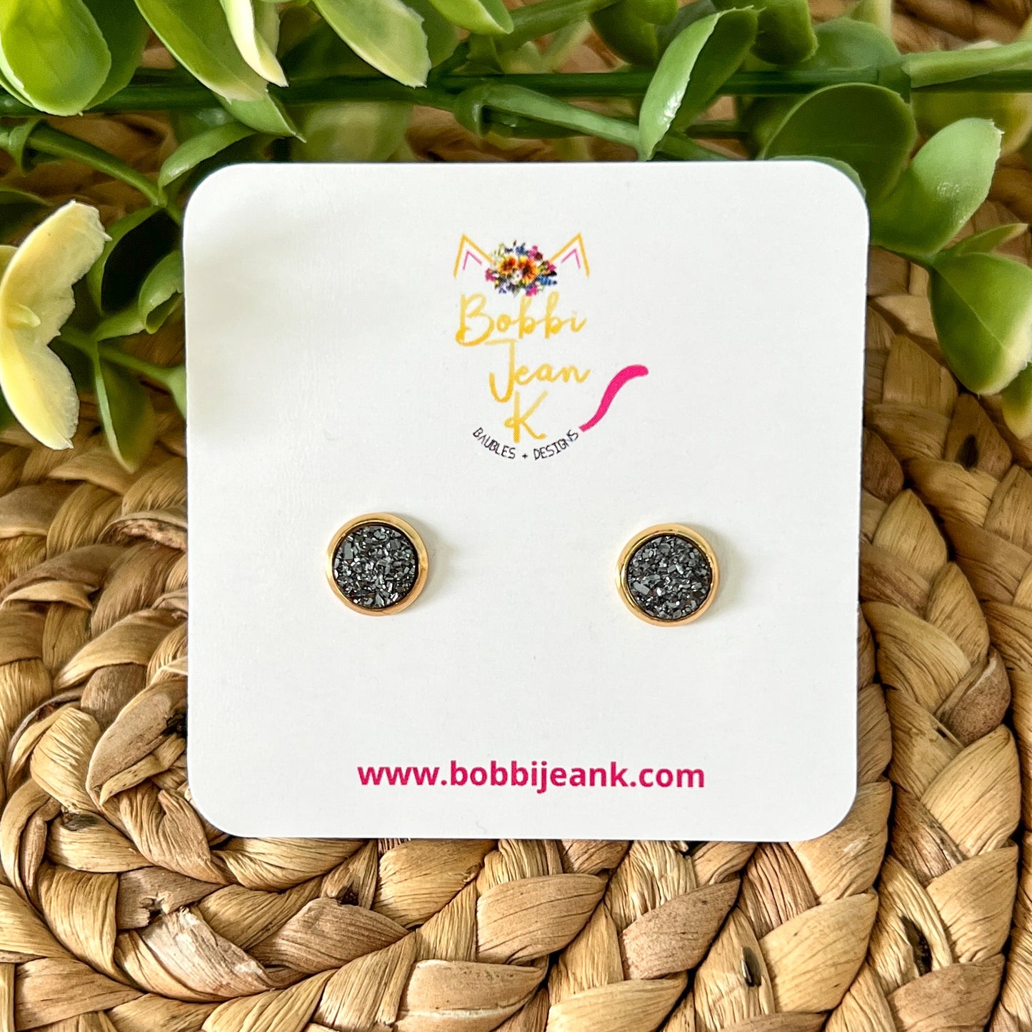 Deep Gray Faux Druzy Studs 8mm: Choose Silver or Gold Settings
