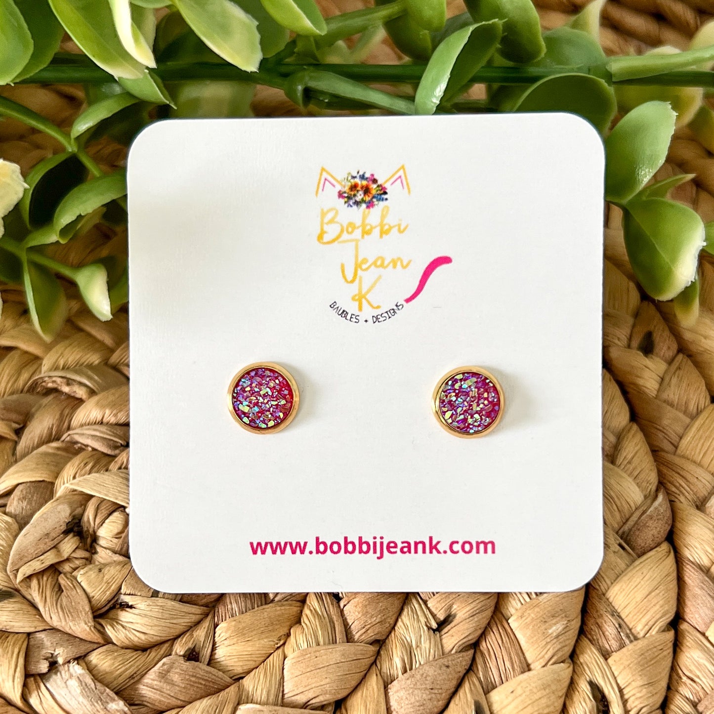 Hot Pink Faux Druzy Studs 8mm: Choose Silver or Gold Settings