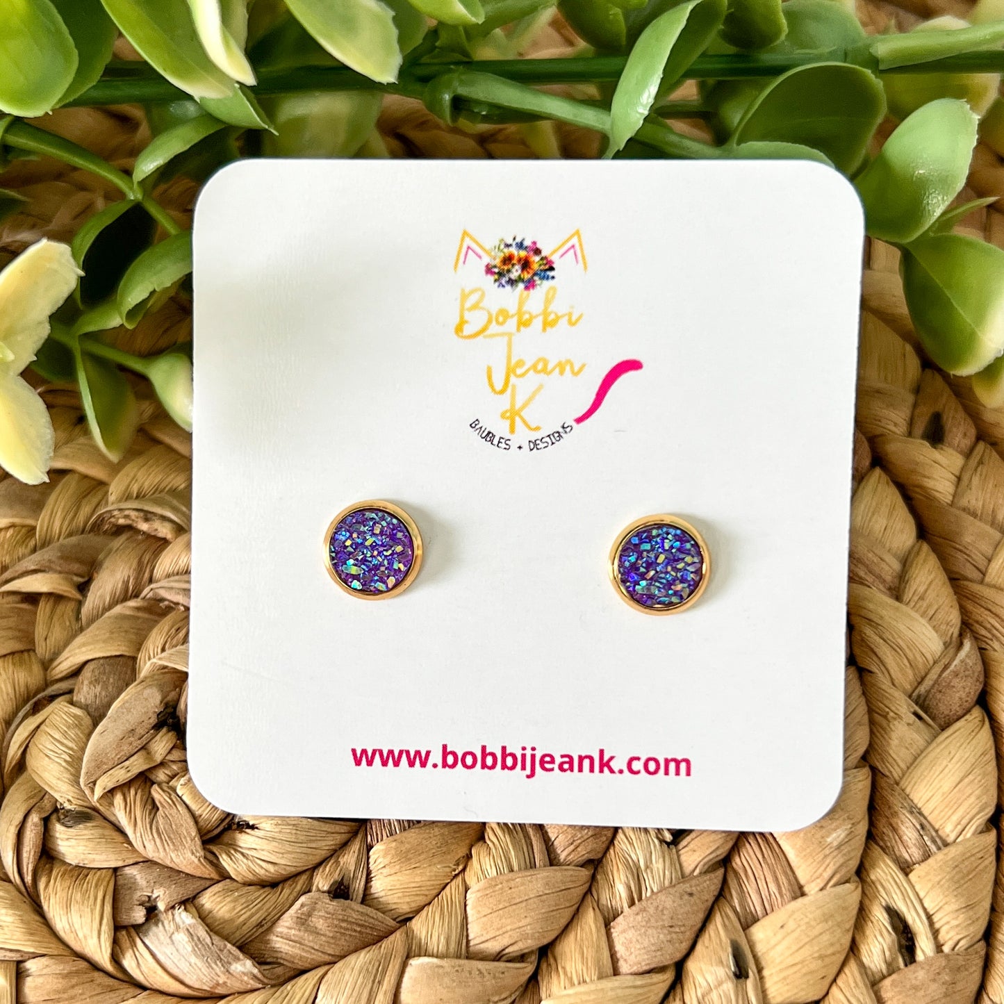 Purple Faux Druzy Studs 8mm: Choose Silver or Gold Settings - ONE PAIR LEFT