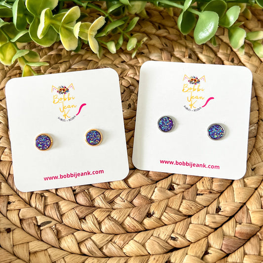 Purple Faux Druzy Studs 8mm: Choose Silver or Gold Settings - ONE PAIR LEFT