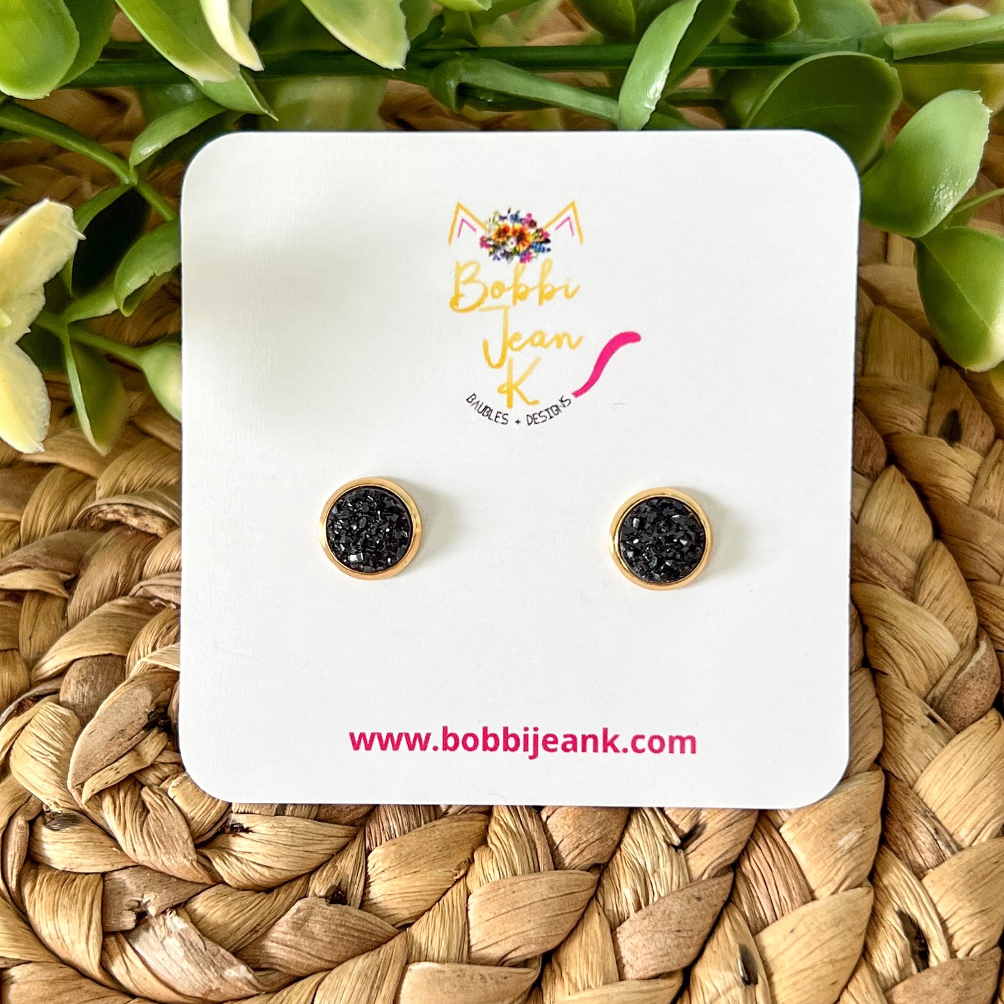 Black Faux Druzy Studs 8mm: Choose Silver or Gold Settings