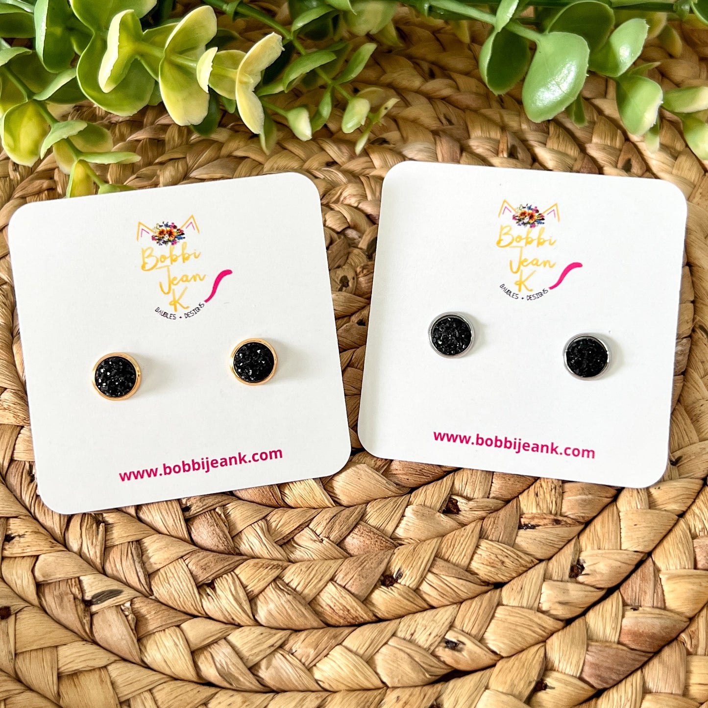 Black Faux Druzy Studs 8mm: Choose Silver or Gold Settings