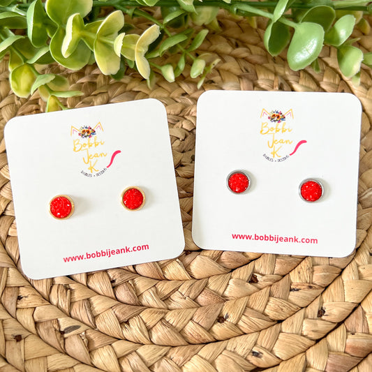 Red Frosted Faux Druzy Studs 8mm: Choose Silver or Gold Settings