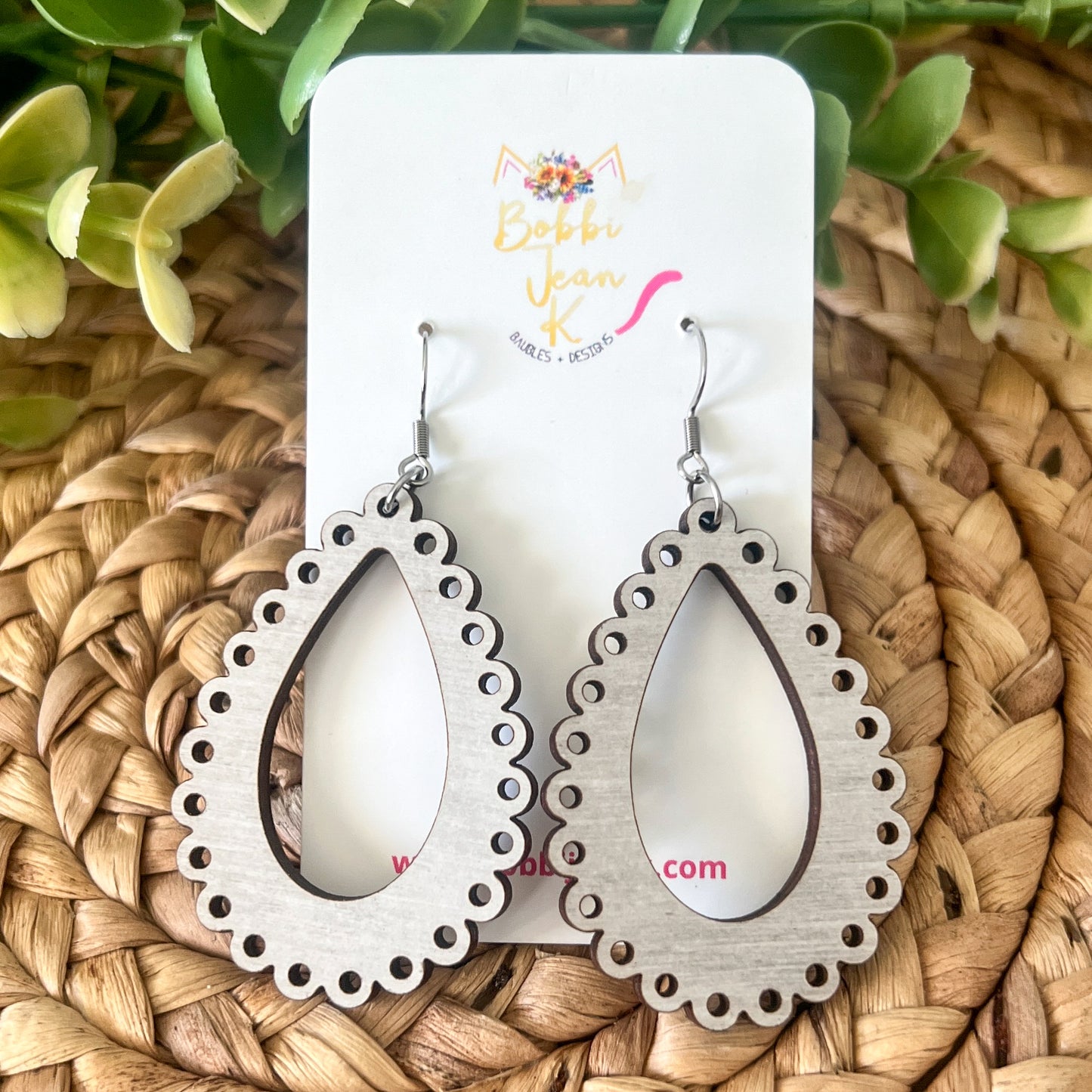 "Lace" Gray Dyed Wood Teardrop Earrings