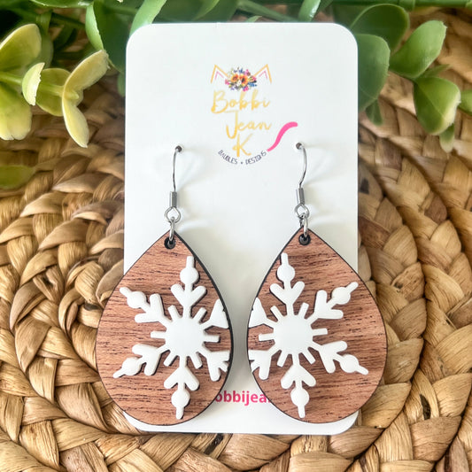 Layered Snowflake Mahogany Wood Earrings