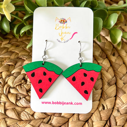 Hand Painted Watermelon Wood Earrings: Choose From Dangle or Stud