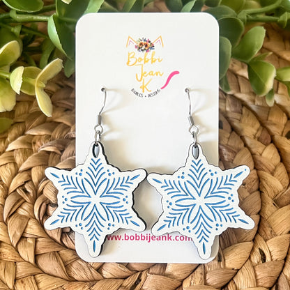 Engraved Snowflake Wood Earrings: Choose From Blue, Fuchsia, or Gray Purple