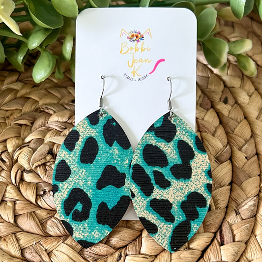 Blue "Wild Side" Leopard Leaf Leather Earrings - LAST CHANCE