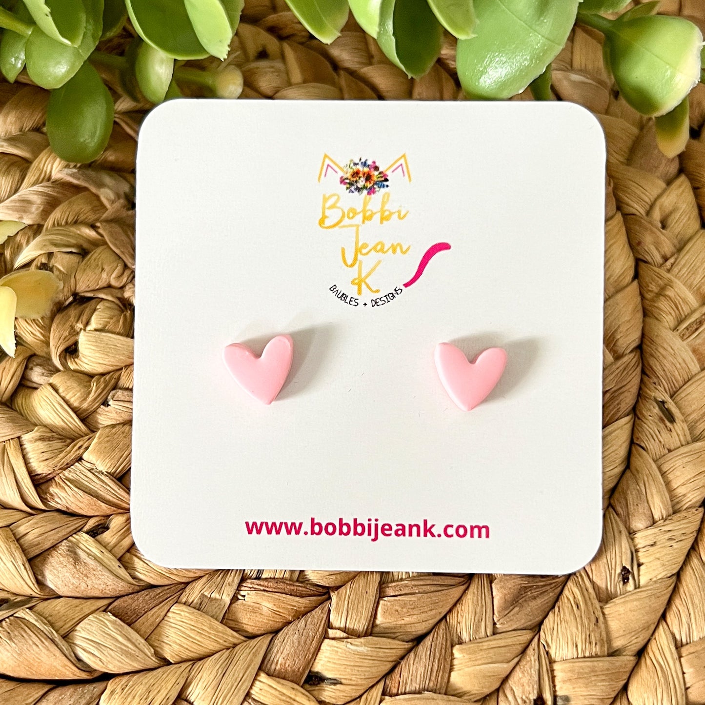 Light Pink Clay Heart Studs: Choose 12mm or 8mm Size Options