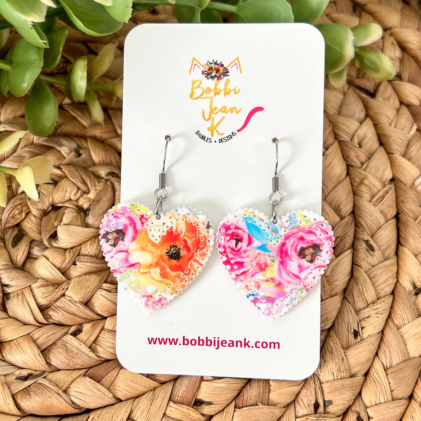 Bright Roses Acrylic Heart Earrings: Choose From 2 Sizes - LAST CHANCE