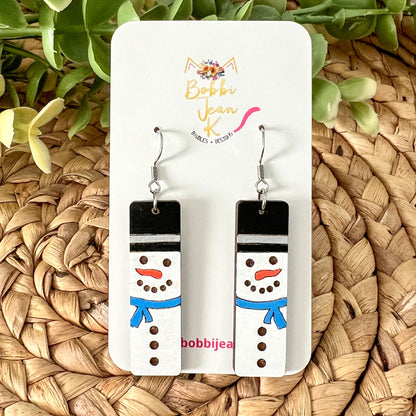 Hand Painted Snowman Dotted Mouth Wood Bar Earrings: Choose From 2 Scarf Colors