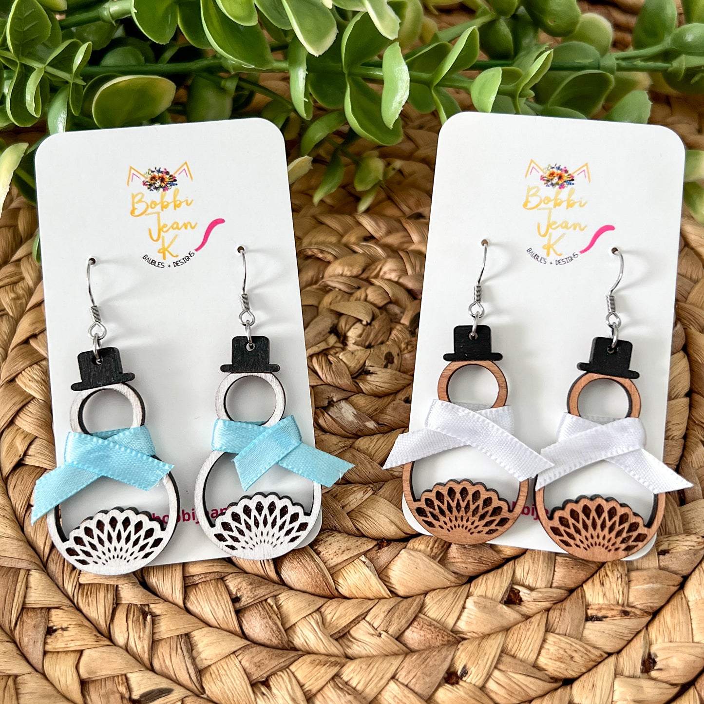 Elegant Engraved Wood Snowman Earrings With Ribbon Scarf: Choose From 2 Wood Options