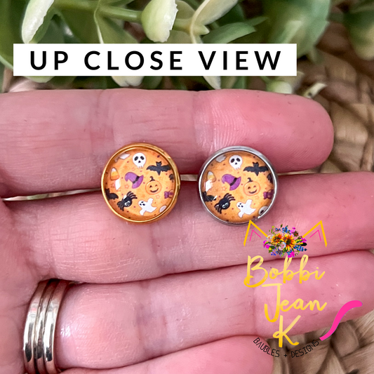 Halloween "Doodles" Glass Studs 12mm: Choose Silver or Gold Settings - LAST CHANCE