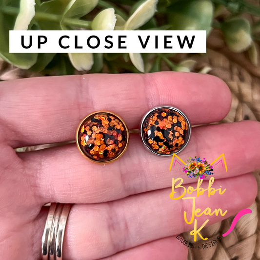 Orange & Black Glitter Studs 12mm: Choose Silver or Gold Settings