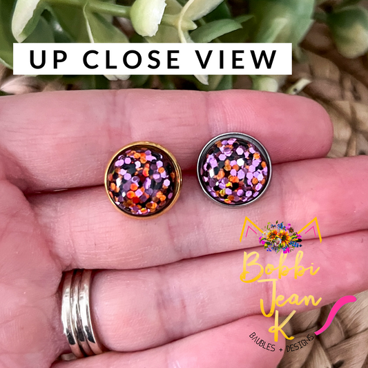 Purple/Orange/Black Glitter Studs 12mm: Choose Silver or Gold Settings - LAST CHANCE