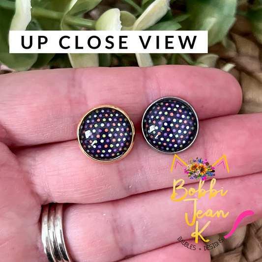 SALE: Multi Colored Polka Dotted Glass Studs 12mm: Choose Silver or Gold Settings - LAST CHANCE