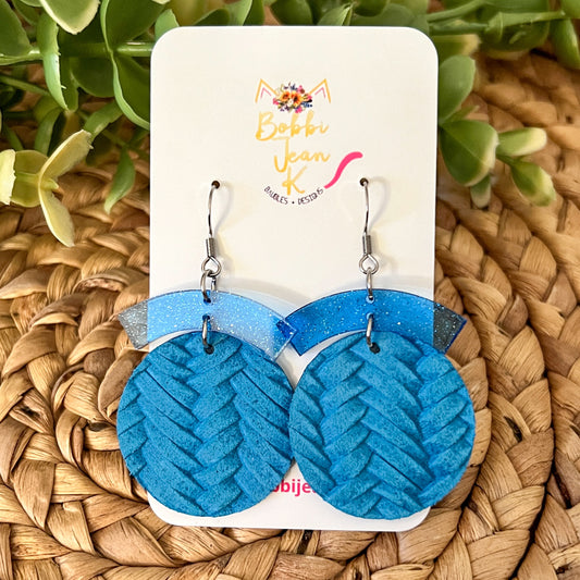 Light Blue "Fishtail Braided" Circle Drop Leather Earrings - LAST CHANCE