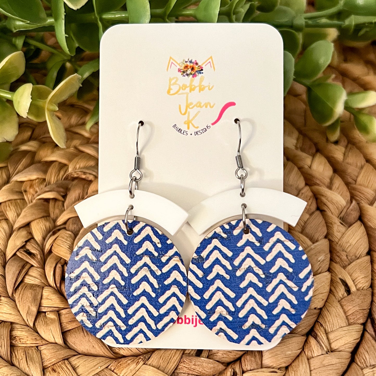 Blue & White Chevron Circle Drop Cork on Leather Earrings - LAST CHANCE