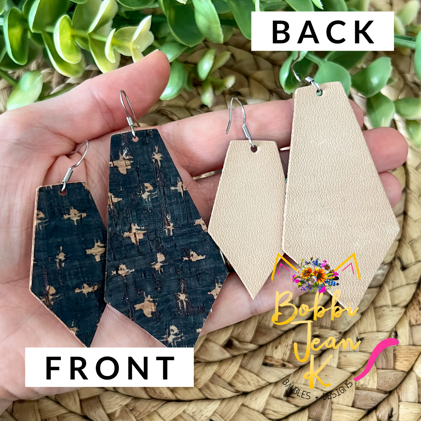 Dark Navy Splash Cork on Leather Pointed Pentagon Earrings: Choose From 2 Sizes - LAST CHANCE