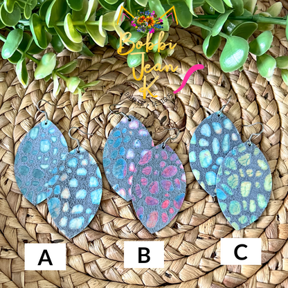SALE: Blue Mosaic Tile Leaf Leather Earrings (Was $8)