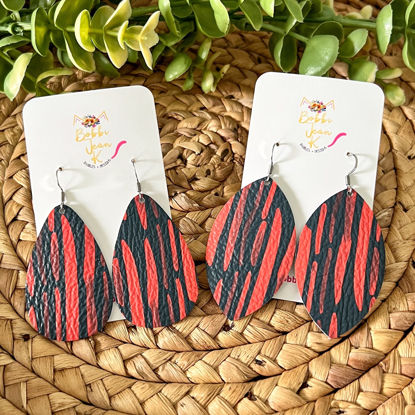 Red & Navy Brushstroke Leather Earrings: Choose From 2 Styles - LAST CHANCE