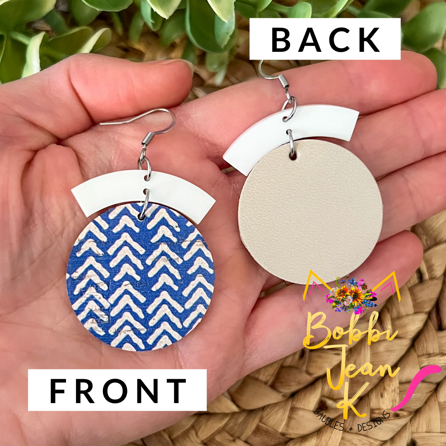 Blue & White Chevron Circle Drop Cork on Leather Earrings - LAST CHANCE