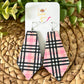 Pink & Black Plaid Pointed Pentagon Cork on Leather Earrings: Choose From 2 Sizes - LAST CHANCE