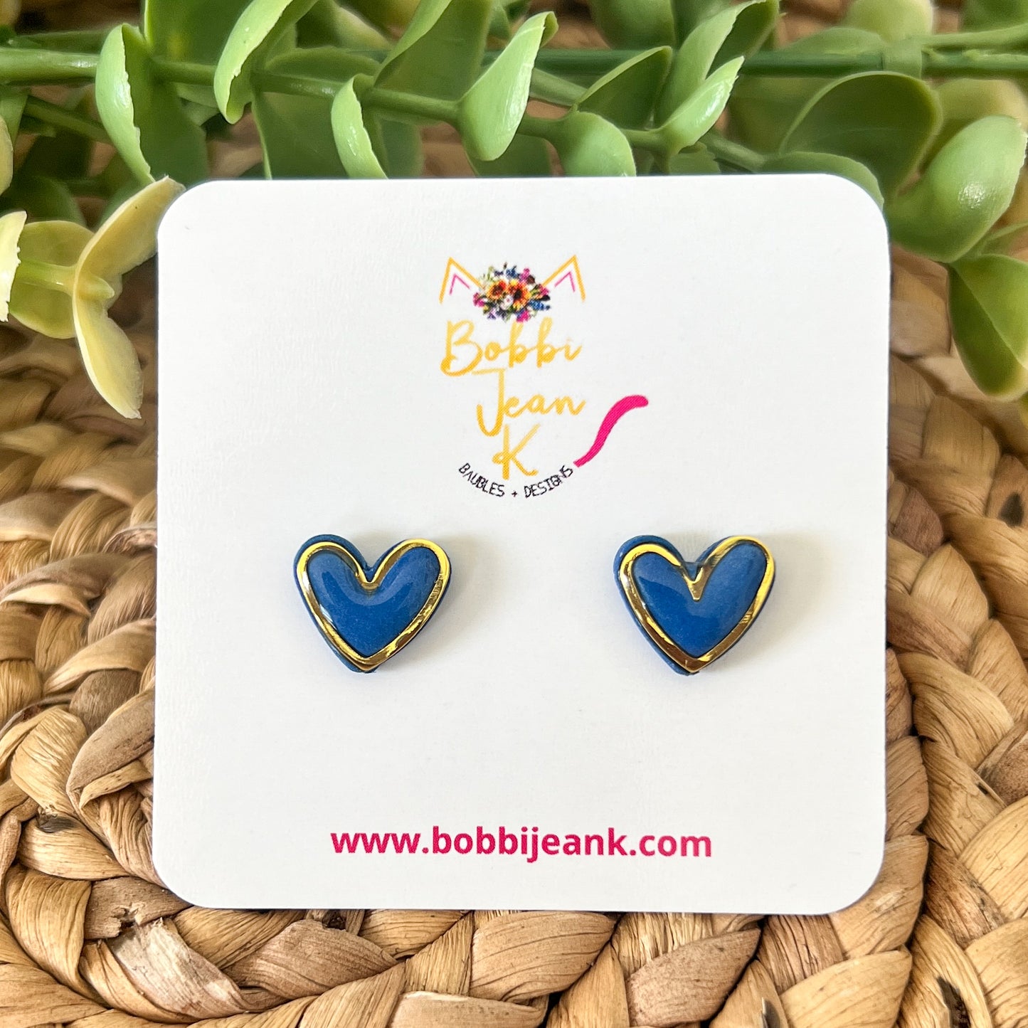Midnight Blue Rimmed Clay Heart Studs: Choose Silver or Gold Rim - LAST CHANCE