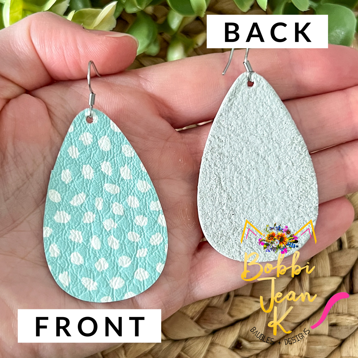 Mint & White Spotted Rounded Teardrop Leather Earrings - ONLY ONE LEFT