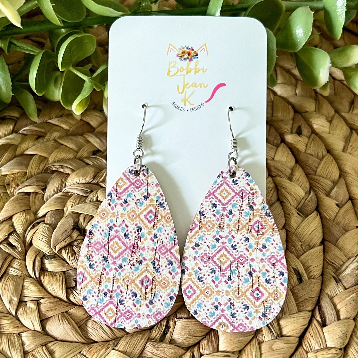 Diamond Multi-Colored Aztec Cork on Leather Earrings: Choose From 3 Styles - LAST CHANCE