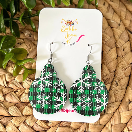SALE: Green Plaid Snowflake Ornament Shape Wood Earrings - ONLY ONE LEFT