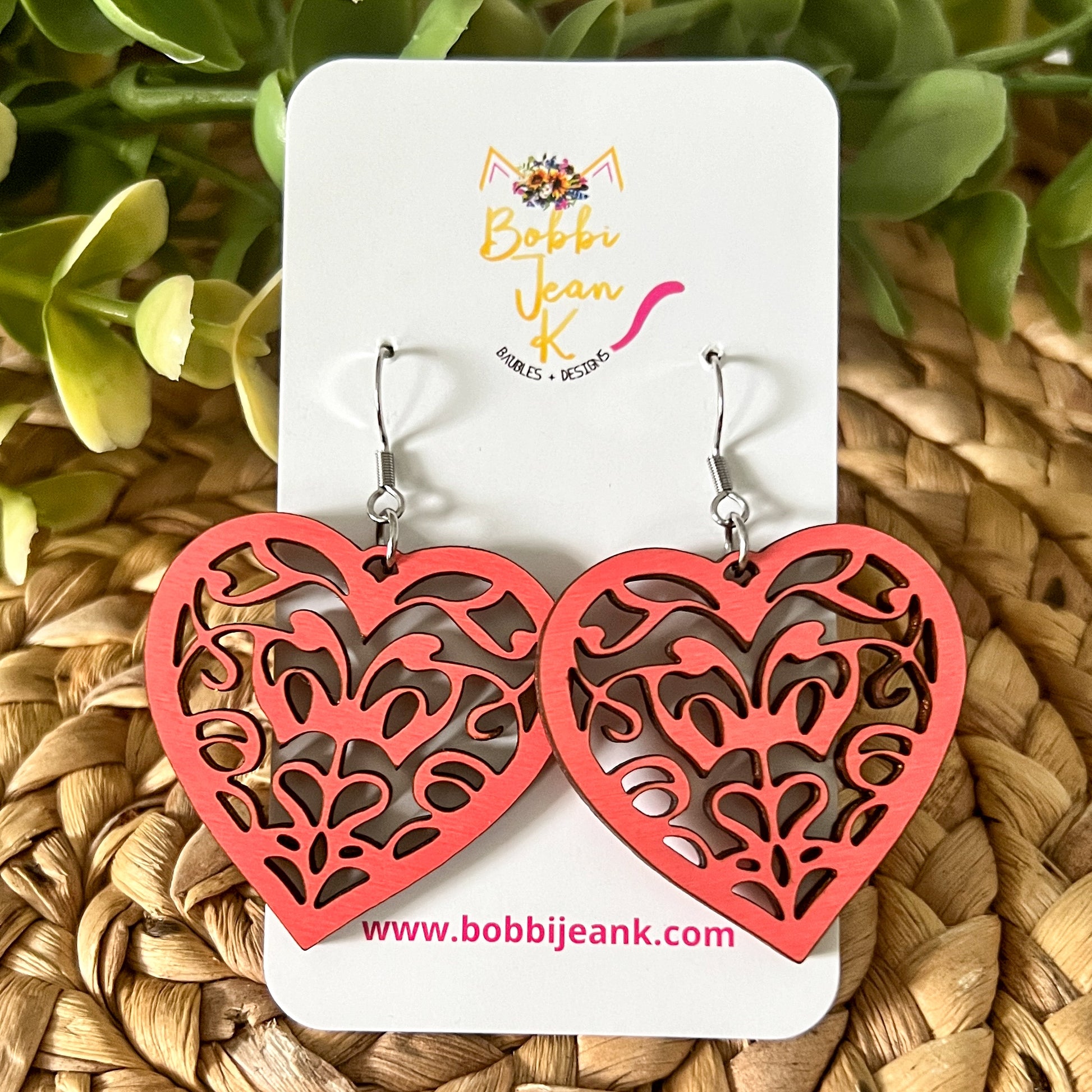 Doily Heart Dyed Wood Earrings: Choose From 3 Colors