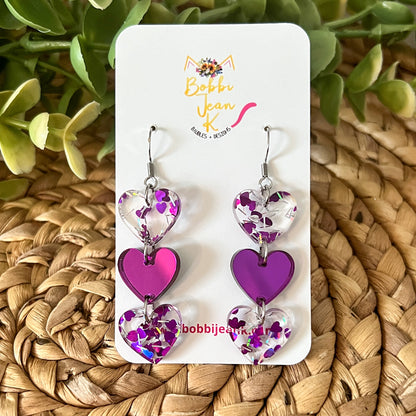 Purple Glittered & Mirrored Heart Acrylic Earrings: Choose From 2 Styles