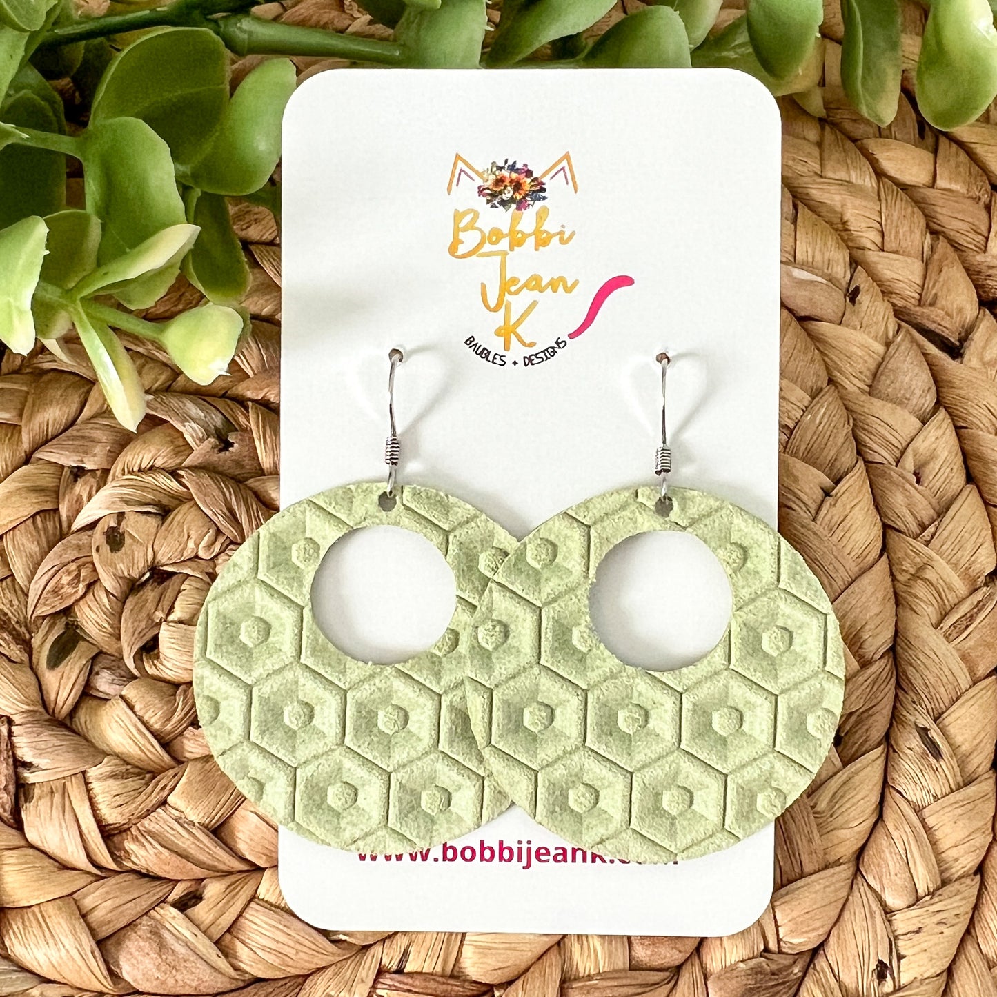 Light Green Honeycomb Embossed Leather Earrings: Choose From 3 Styles - LAST CHANCE