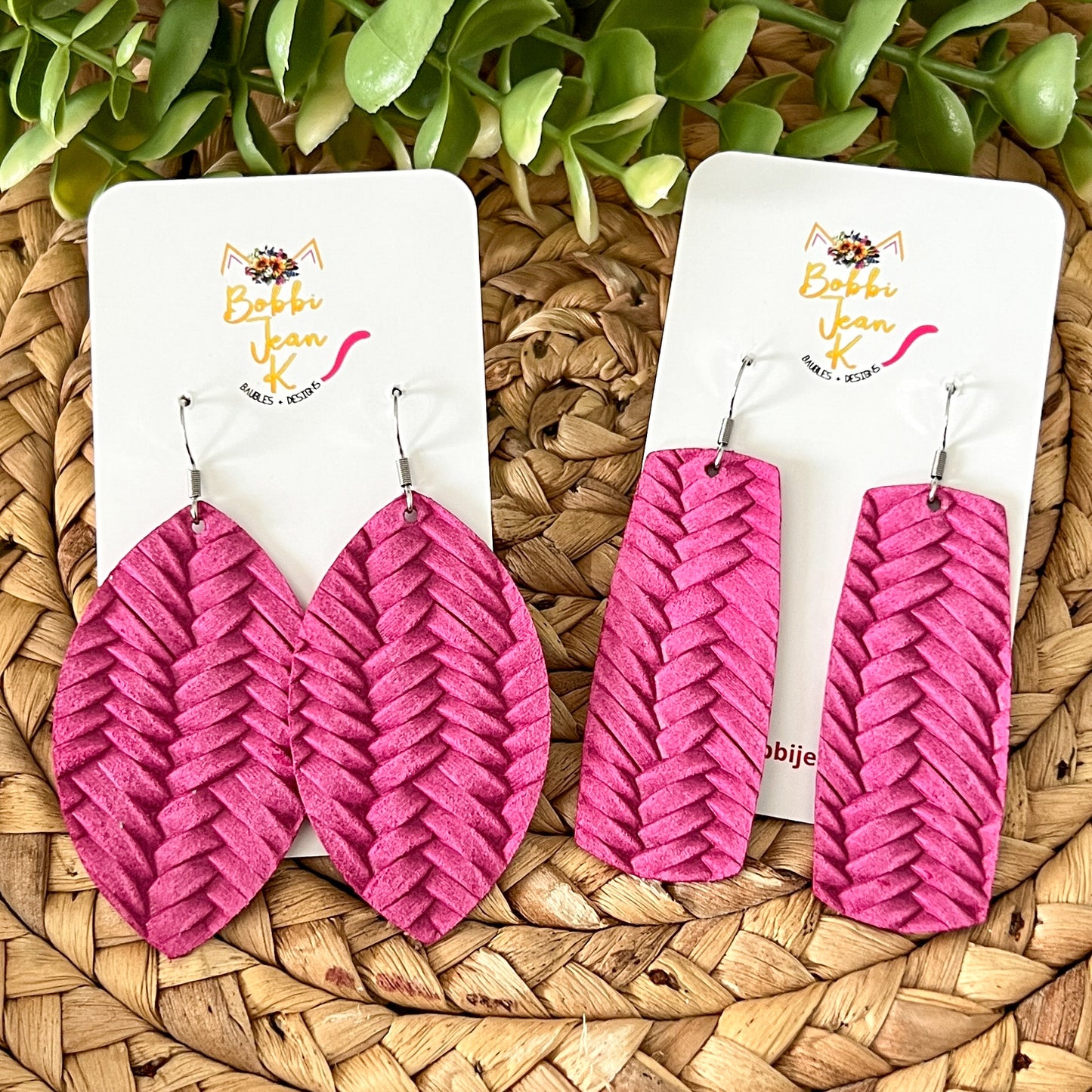 Raspberry "Fishtail Braided" Embossed Leather Earrings: Choose From 2 Styles - LAST CHANCE