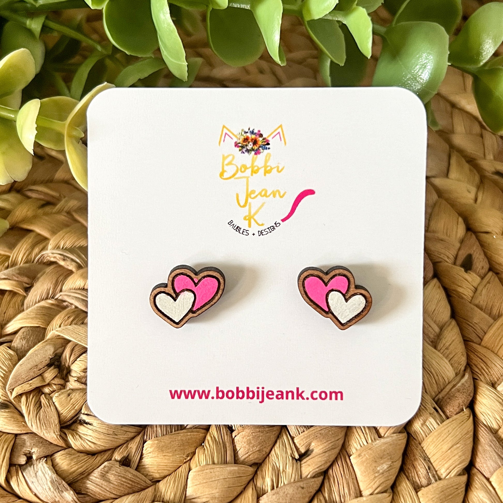 Hand Painted Double Heart Wood Studs: Choose From 3 Colors