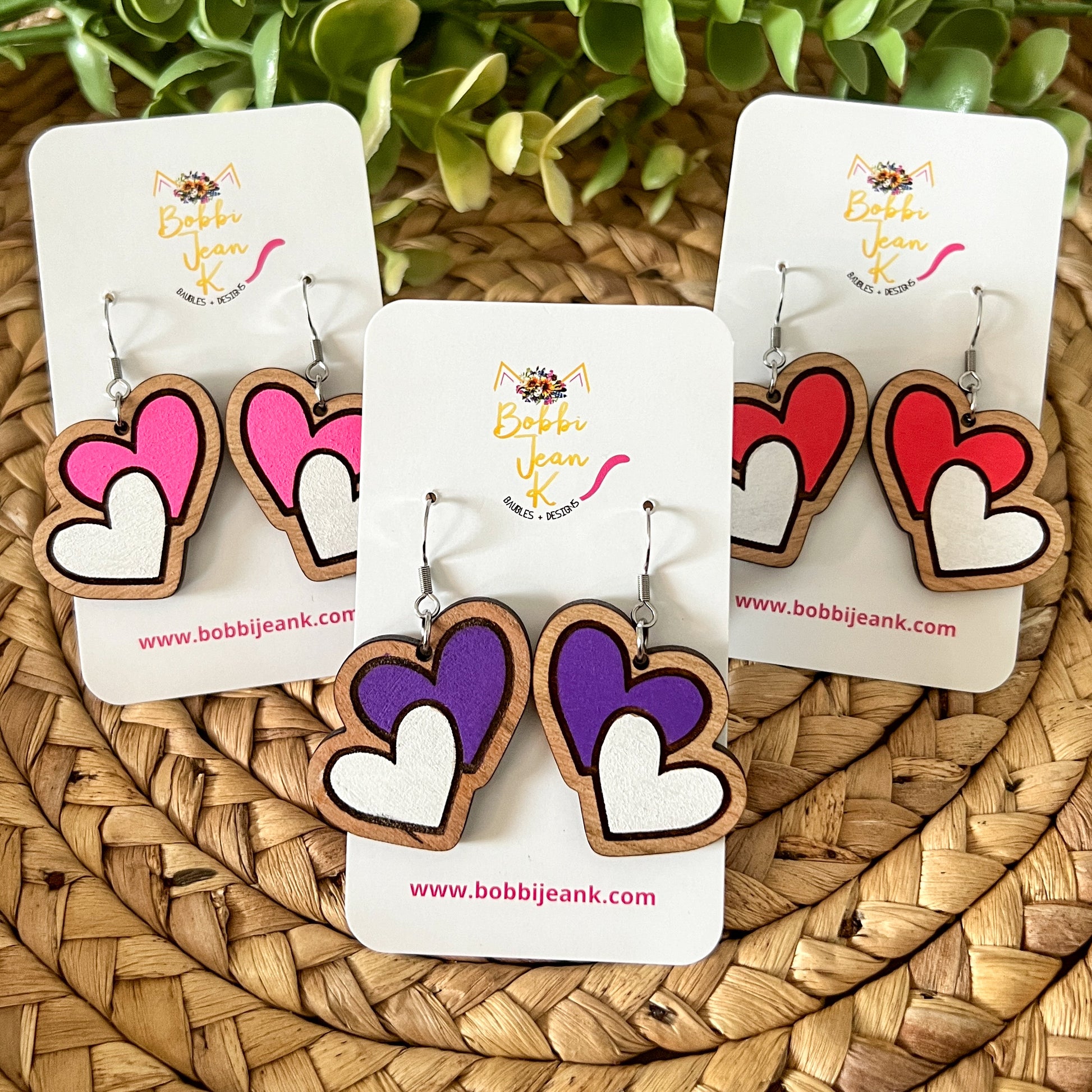 Hand Painted Double Heart Wood Earrings: Choose From 3 Colors
