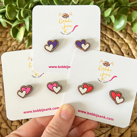 Hand Painted Double Heart Wood Studs: Choose From 3 Colors