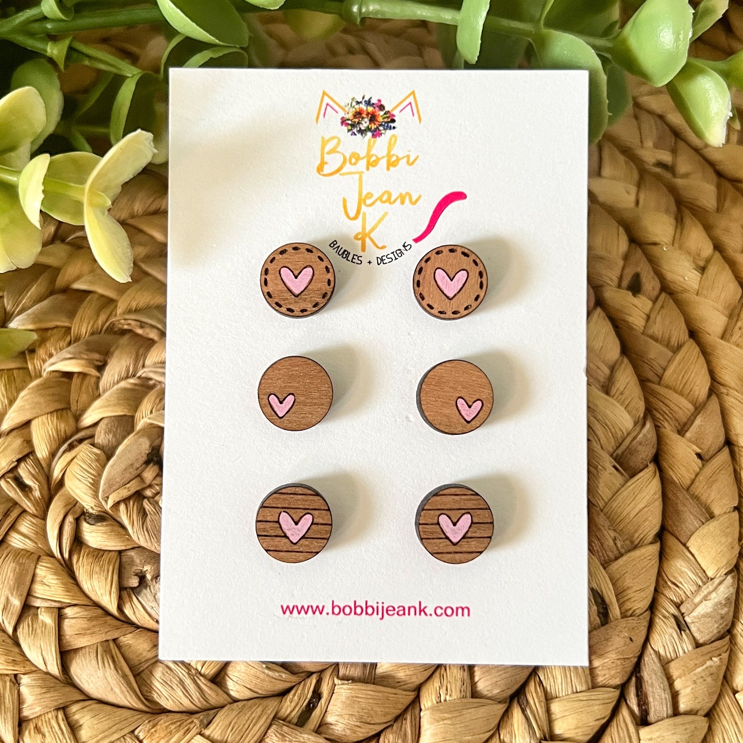 Hand Painted Cherry Wood Heart Studs: Choose From 2 Colors
