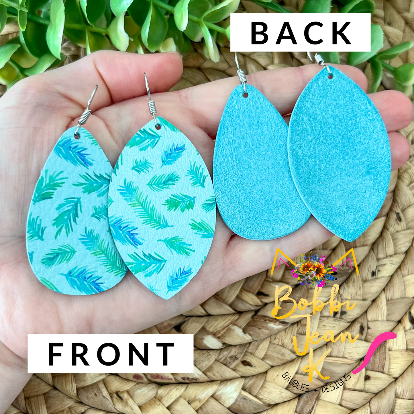 Aqua Fern Rounded Teardrop Leather Earrings - LAST CHANCE