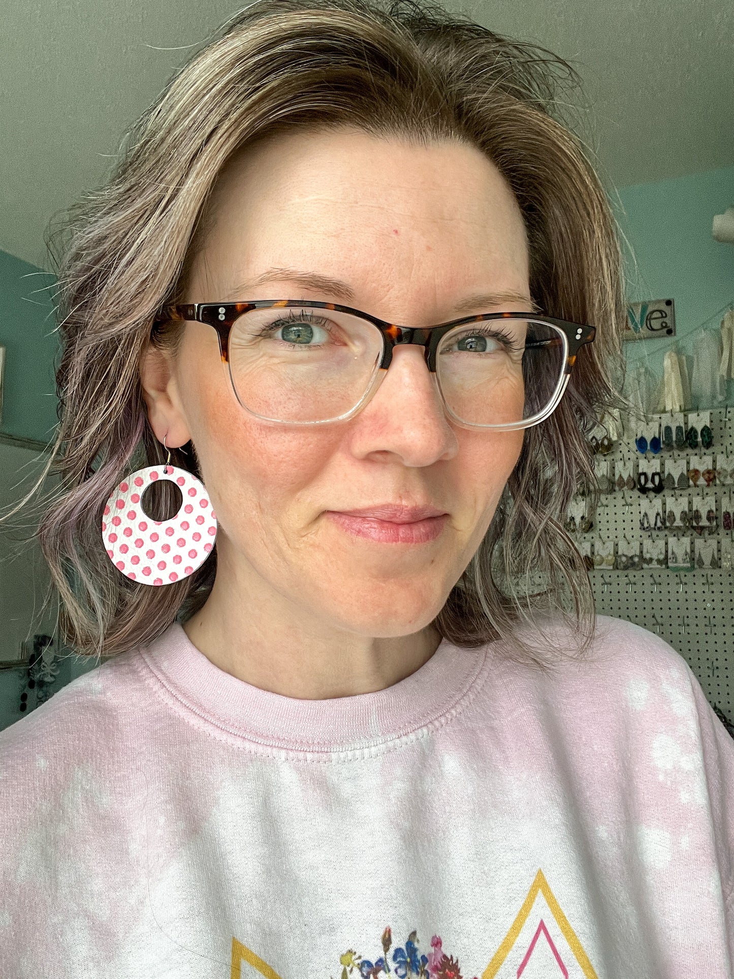 Pink Polka Dotted Embossed Hoop Leather Earrings: Choose From 2 Sizes - LAST CHANCE
